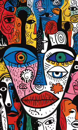 a colorfully painted painting shows an abstract face