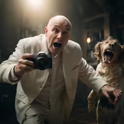 a man and dog are making goofy faces in the studio