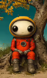 an astronaut sitting under a tree in a field