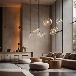 a living room with various lighting fixtures in it