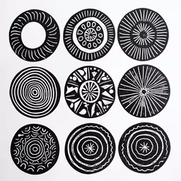 a variety of abstract designs in black and white,nine circles that have designs on them