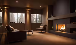 a modern fireplace in a living room area with a sofa and chairs