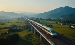a bullet train riding on an elevated train track