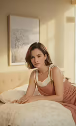 a woman sitting on top of a bed in her bedroom