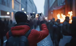 a man is taking a photograph on a street