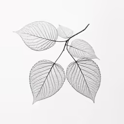 three leaves hang from a branch against a white background