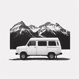 an old white van is parked in front of a mountain range