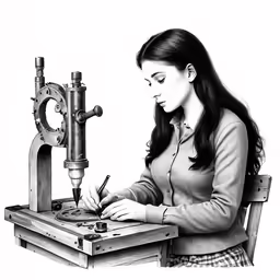 a black and white photo of a girl by a microscope