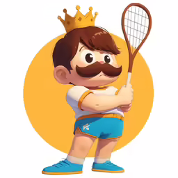 an animated character of a boy with a mustache and a tennis racket