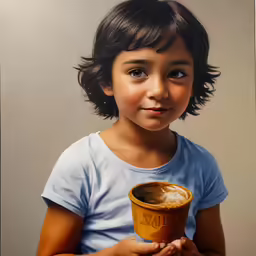 the boy is holding a coffee cup and smiling