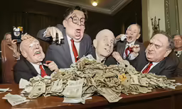 several men in suits and ties are surrounded by fake heads, which are covered with bills