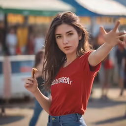 a girl wearing a red shirt holding up a donut