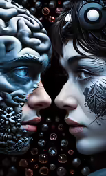 two woman face to face, with a brain behind them
