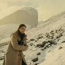 a young woman standing on a snow covered mountain