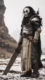 a skeleton man in armor is holding a huge sword