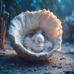 a creepy face sits in an egg shell