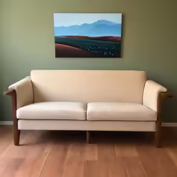 a painting hanging on the wall of a room with hardwood floor