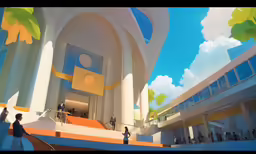 an artistic painting shows the outside of an apartment building