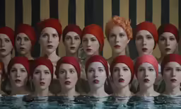 many heads with hats are placed in a row over a pool