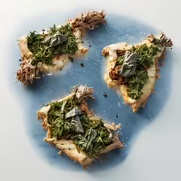 several slices of pizza have green toppings on them