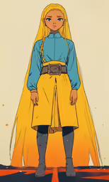 an art piece depicting a young blonde girl wearing a blue top, a skirt, and yellow boots