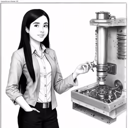 a woman standing next to a machine on top of a table