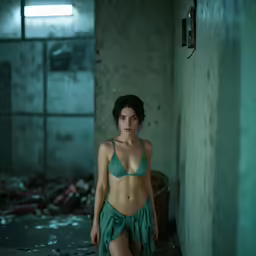 a woman in a green bikini stands against an exposed wall