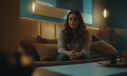 the girl is sitting on a bed looking at the table