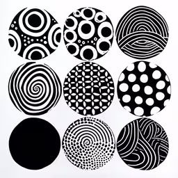 a number of circles in different sizes and shapes,a white sheet with black circles on it