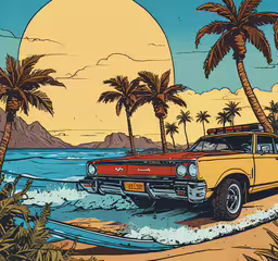 a yellow car driving on a road next to palm trees,a colorful picture of a vintage car on the beach