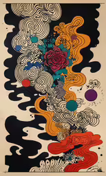 a painting of various colorful lines with black and white swirls