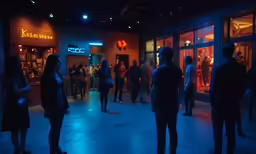 some people standing and looking at something blue