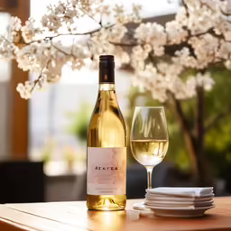 a bottle of wine next to a glass on a table