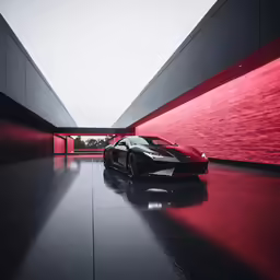a car in a large red garage with no doors