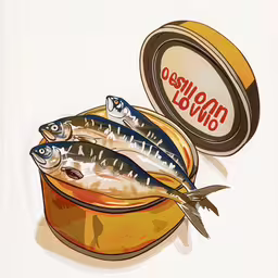 two fish and an orange can with a pair of scissors,two fish are in an orange can and one fish is on the floor