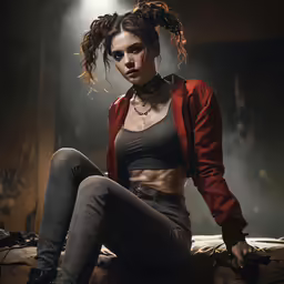 a woman is sitting down with her knees bent up