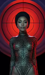 a woman in black mesh clothing posing for a photo