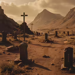 several graveyards in the middle of a desert plain