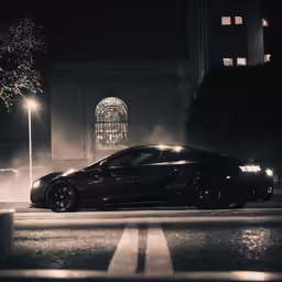 a dark sports car sits at night with light shining on it