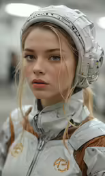 a model with protective gear on her head