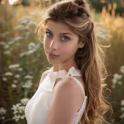 a beautiful woman with long hair standing in a field of flowers,a beautiful woman standing in front of a field of wildflowers