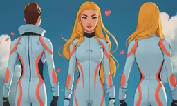 two women in futuristic suits are standing on a field
