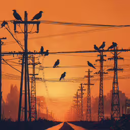 several birds sit on power lines and wires during sunset,birds perched on top of telephone wires at sunset