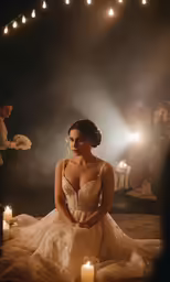 a woman sitting in front of many candles on a ground