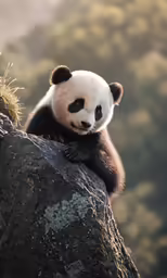 a panda bear sitting on top of a rock