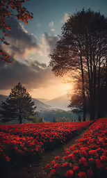 a field full of red flowers with trees