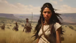 a native american girl walking through a field,three young native american girls walking through a field