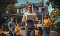 a man holds a laptop and walks with other people in front of a house