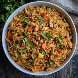 a bowl with noodles, vegetables and parsley on the side