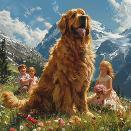 a painting of kids and a dog sitting in a field with some flowers,a painting of children and a dog in the mountains